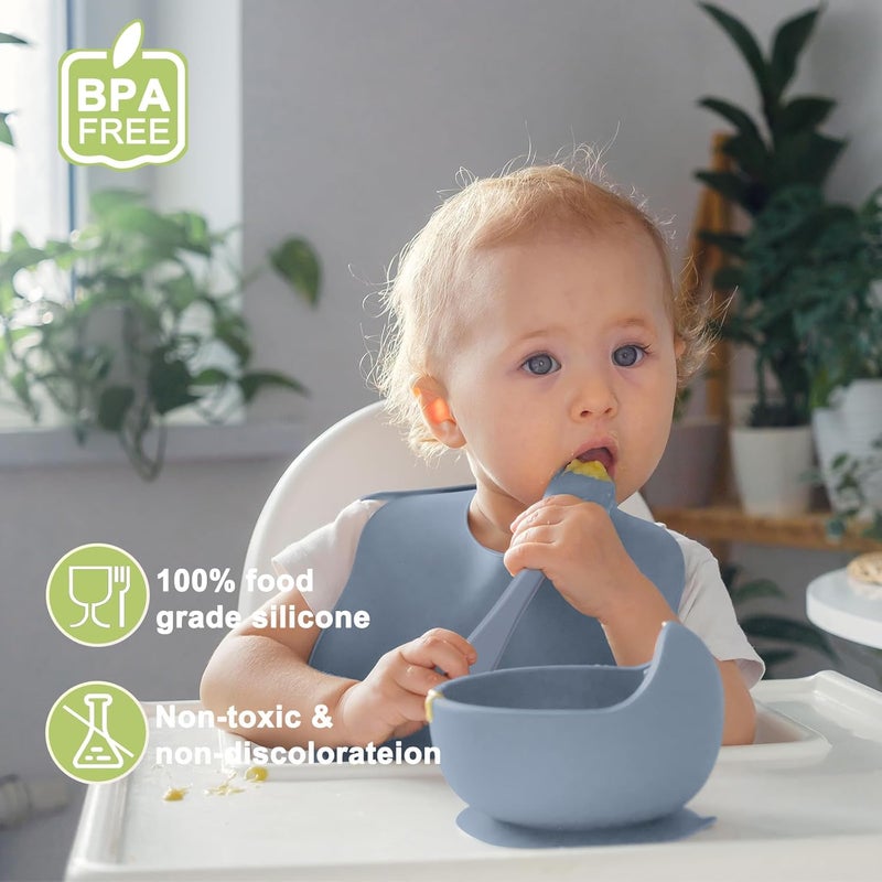 Munlinder Silicone Baby Feeding Set | Baby Led Weaning Supplies Includes Suction Bowls and Divided Plates, Adjustable Bib, Baby Utensils Spoons and Forks,Cup | Baby Feeding Essentials (Blue Gray) - Image 2